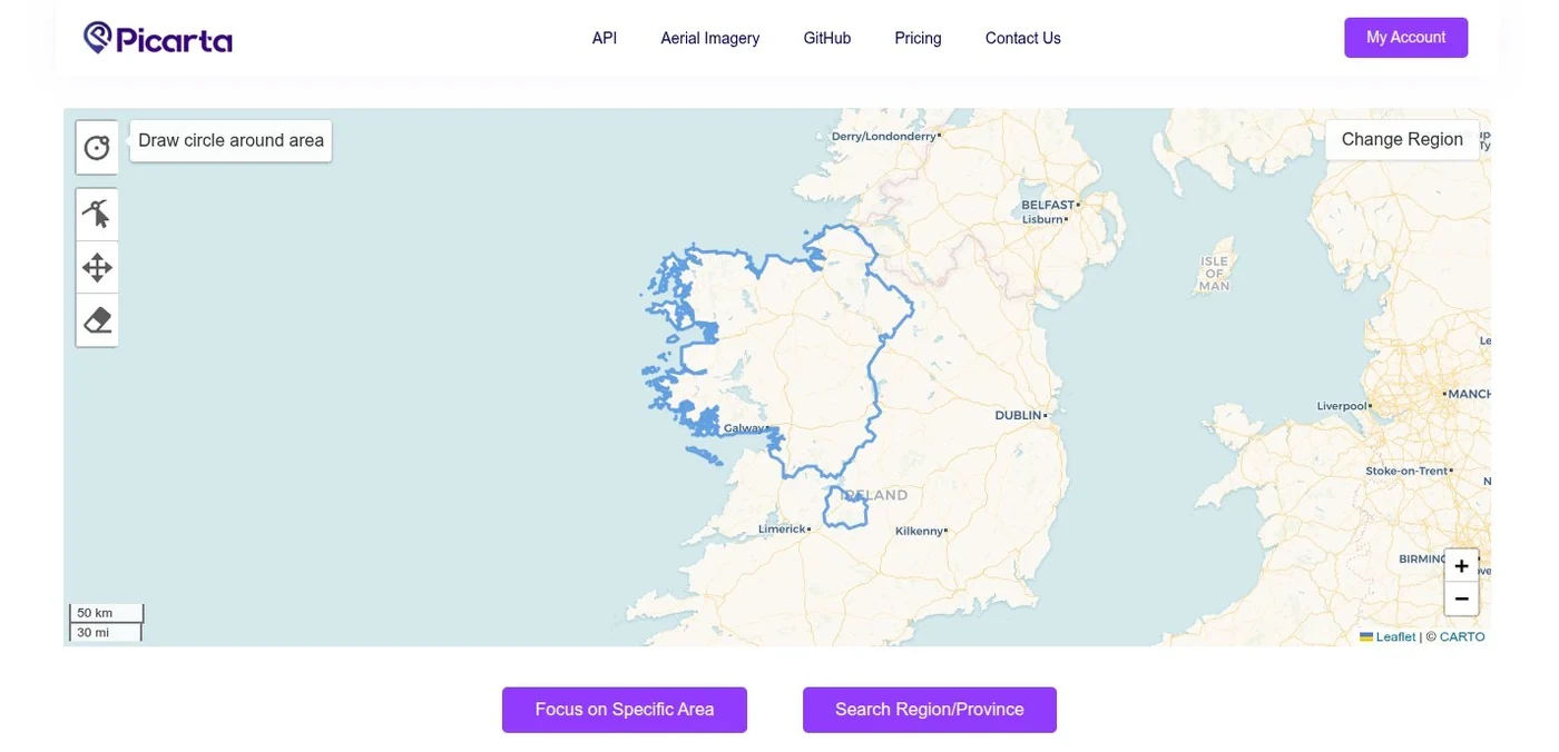 Focus on Specific Area versus Search Region/Province buttons with Connacht selected