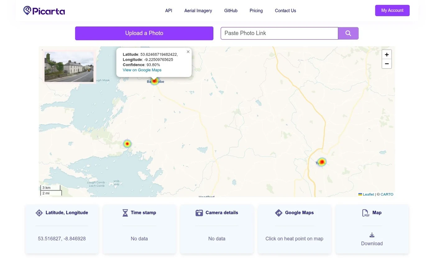 Map view of Picarta photo location results